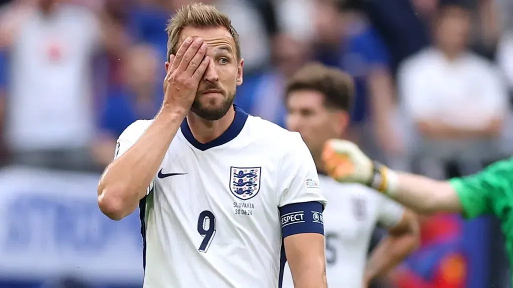 Harry Kane of England looks dejected after Ivan Schranz of Slovakia scores his team’s first goal.