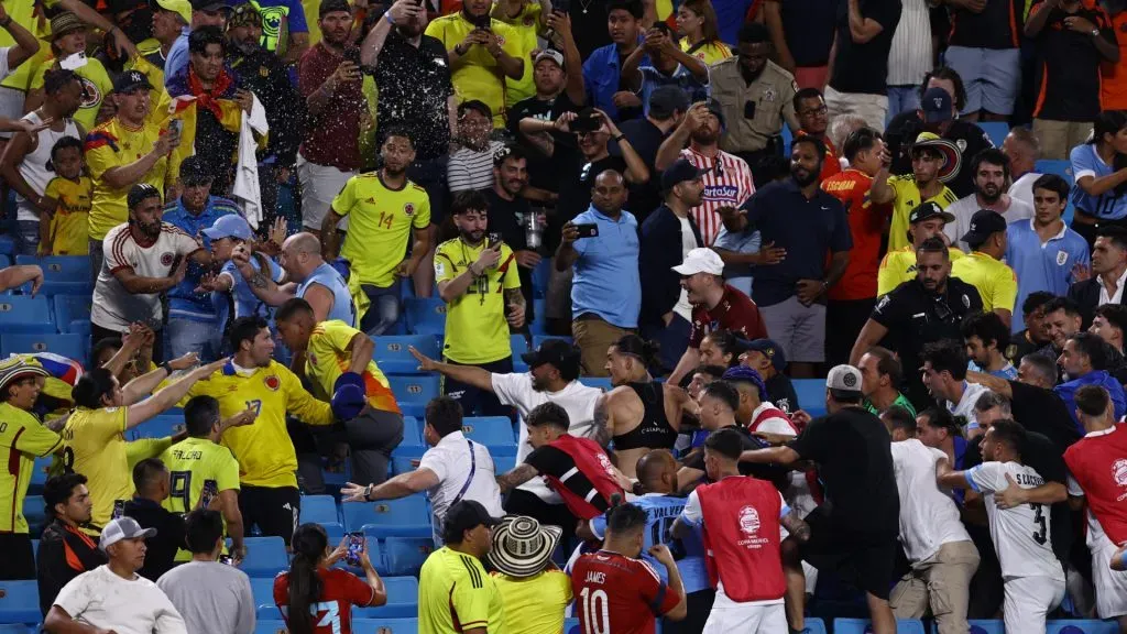 Darwin Nuñez (C) of Uruguay reacts towards fans in the stands after the CONMEBOL Copa America 2024 semifinal match between Uruguay and Colombia at Bank of America Stadium. Tim Nwachukwu/Getty Images