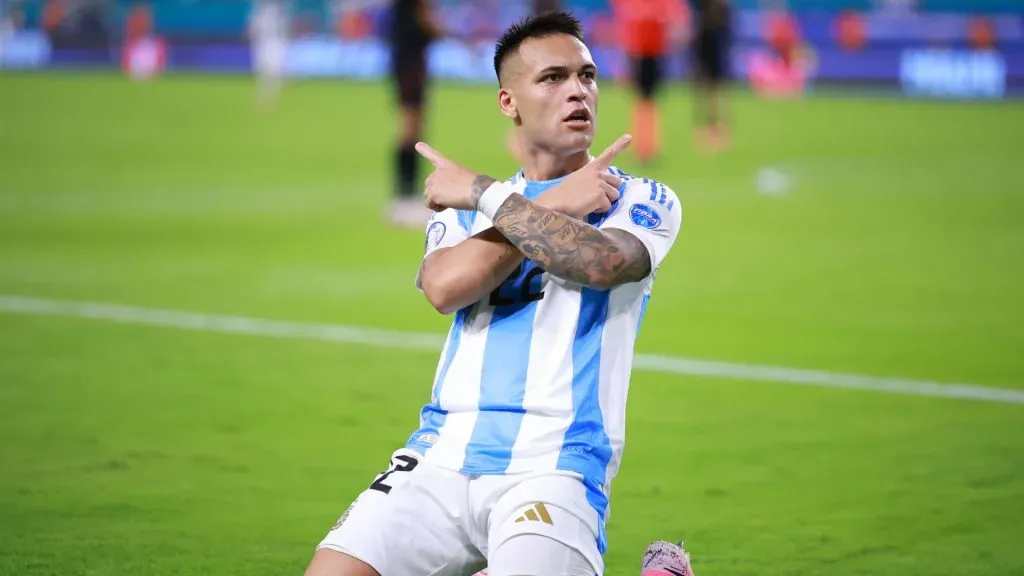 Lautaro Martinez of Argentina celebrates after scoring the team’s first goal during the CONMEBOL Copa America 2024 Group A match between Argentina and Peru at Hard Rock Stadium on June 29, 2024 in Miami Gardens, Florida. (Photo by Hector Vivas/Getty Images)