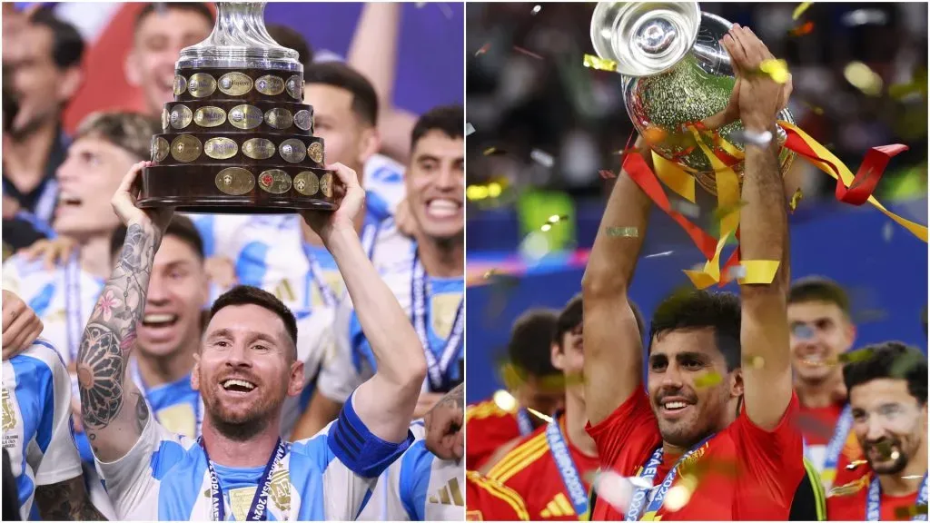 Lionel Messi of Argentina (left) and Rodri of Spain.