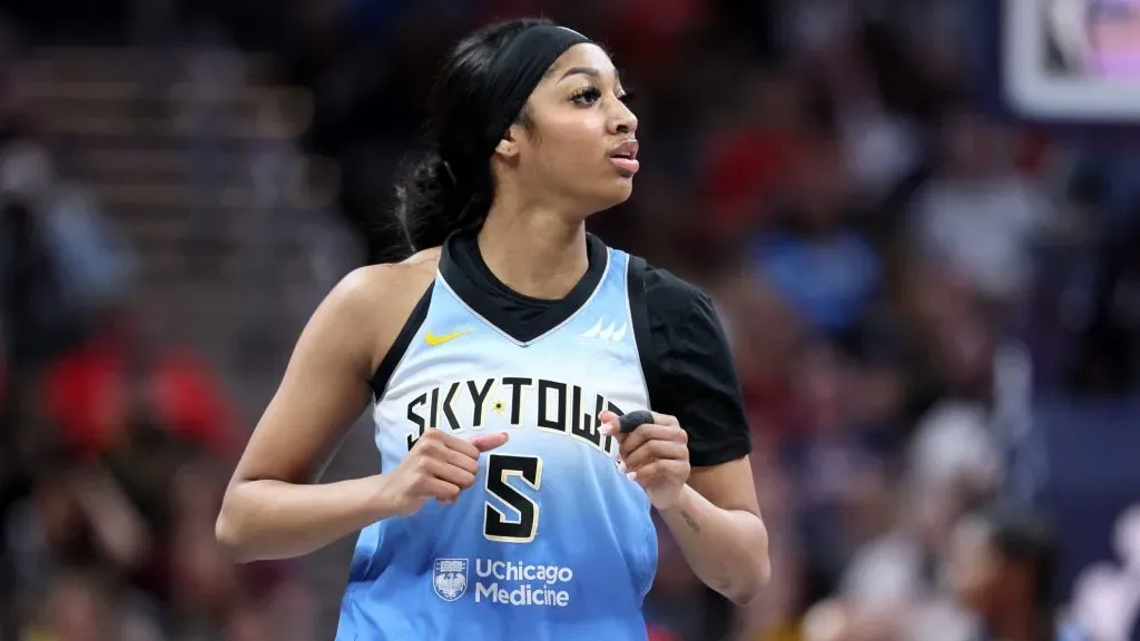 Angel Reese #5 of the Chicago Sky against the Indiana Fever at Gainbridge Fieldhouse on June 01, 2024 in Indianapolis, Indiana. (Photo by Andy Lyons/Getty Images