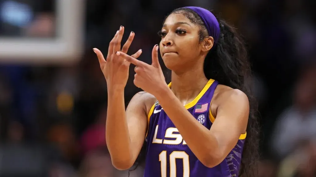 Angel Reese #10 of the LSU Lady Tigers reacts during the fourth quarter against the Iowa Hawkeyes during the 2023 NCAA Women’s Basketball Tournament championship game at American Airlines Center on April 02, 2023 in Dallas, Texas. (Photo by Maddie Meyer/Getty Images)