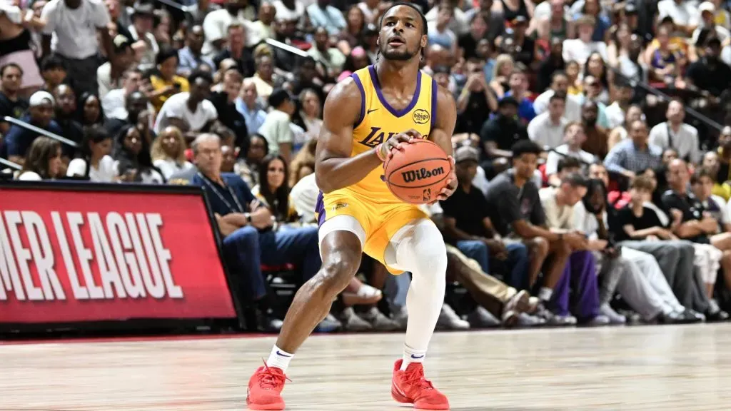 Bronny James Jr. #9 of the Los Angeles Lakers takes a shot against the Houston Rockets in the first half of a 2024 NBA Summer League game at the Thomas & Mack Center. Candice Ward/Getty Images