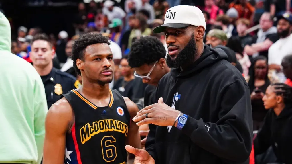 Bronny James #6 of the West team talks to Lebron James of the Los Angeles Lakers after the 2023 McDonald’s High School Boys All-American Game at Toyota Center on March 28, 2023 in Houston, Texas. Photo by Alex Bierens de Haan/Getty Images