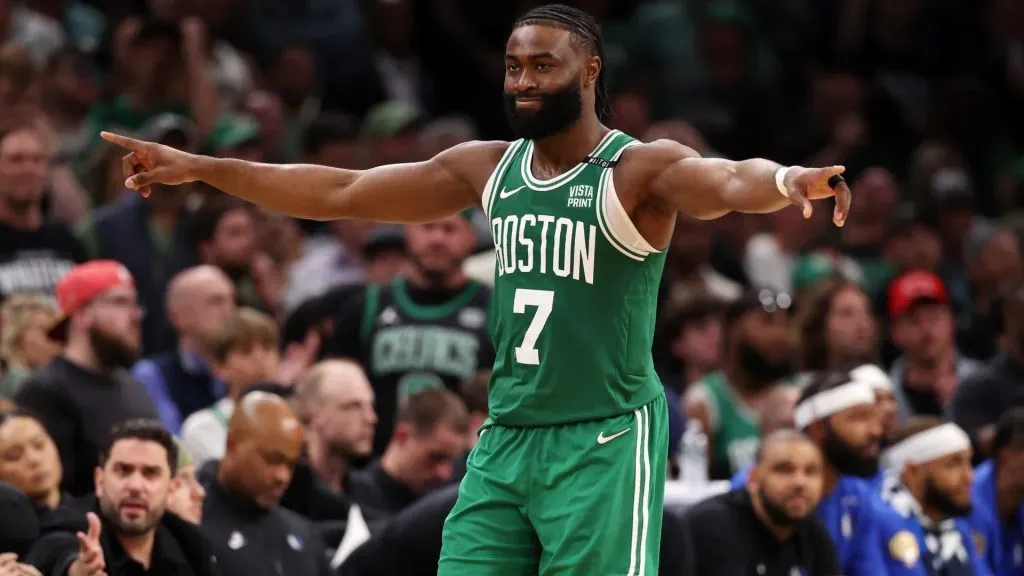Jaylen Brown #7 of the Boston Celtics reacts after a play against the Dallas Mavericks during the fourth quarter of Game Five of the 2024 NBA Finals at TD Garden on June 17, 2024 in Boston, Massachusetts. Photo by Elsa/Getty Images