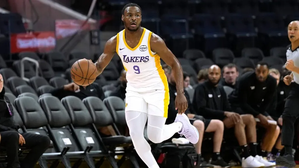 Bronny James Jr. #9 of the Los Angeles Lakers dribbles the ball up court against the Miami Heat during the first half of the 2024 California Classic at Chase Center. Thearon W. Henderson/Getty Images