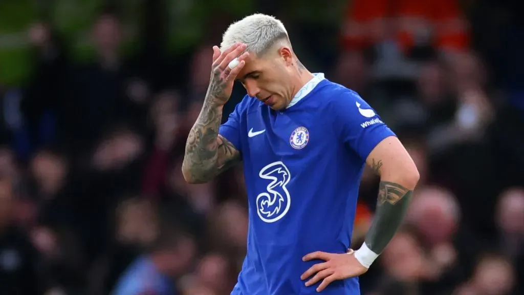 Enzo Fernandez of Chelsea looks dejected after the Aston Villa second goal during the Premier League match between Chelsea FC and Aston Villa at Stamford Bridge on April 01, 2023 in London, England. (Photo by Marc Atkins/Getty Images)