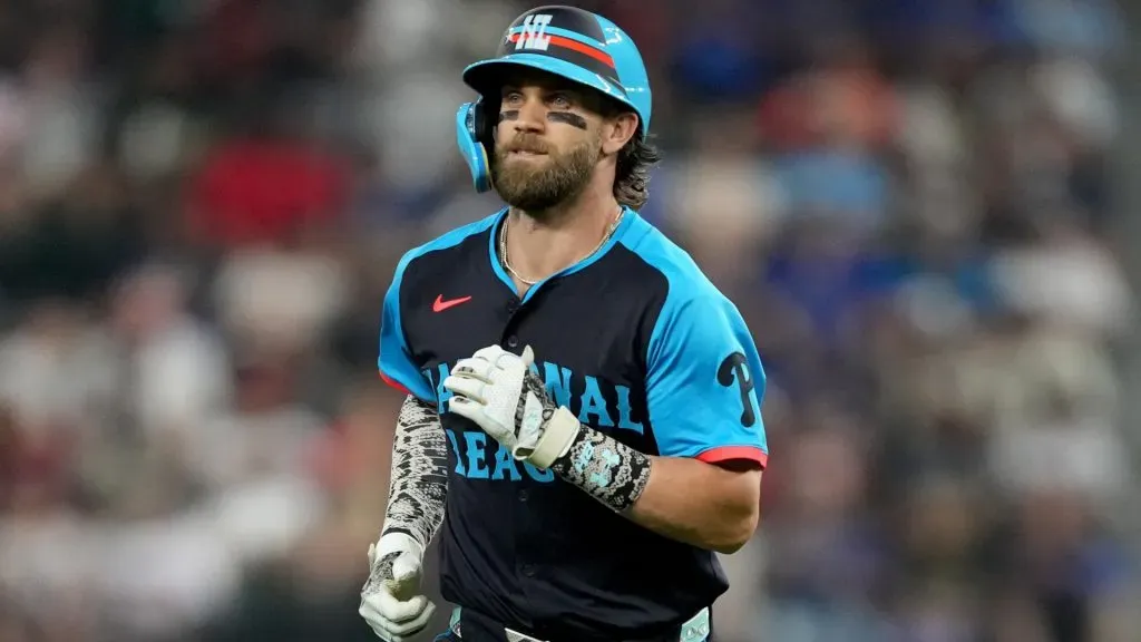 Bryce Harper #3 of the Philadelphia Phillies walks off the field against the American League during the 94th MLB All-Star Game presented by Mastercard at Globe Life Field on July 16, 2024 in Arlington, Texas. Photo by Sam Hodde/Getty Images