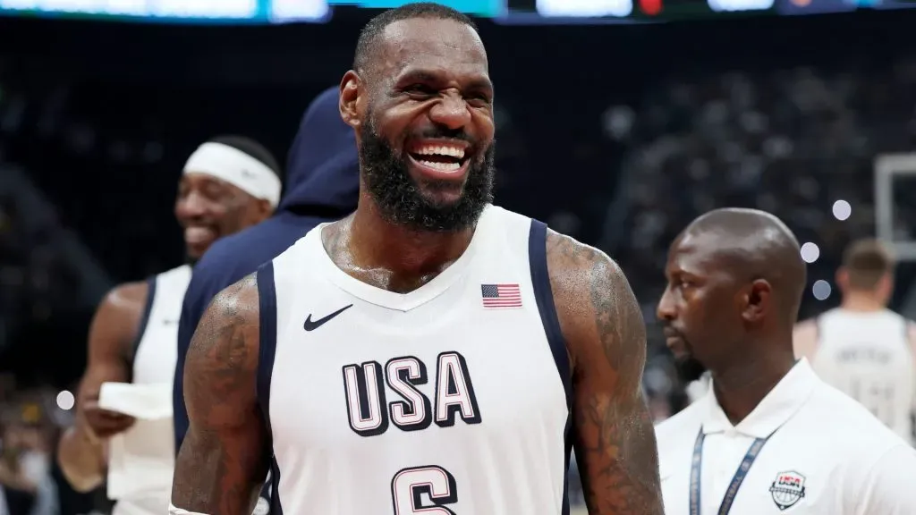 LeBron James #6 of the United States reacts during after an exhibition game between the United States and Serbia ahead of the Paris Olympic Games at Etihad Arena on July 17, 2024 in Abu Dhabi, United Arab Emirates. Photo by Christopher Pike/Getty Images