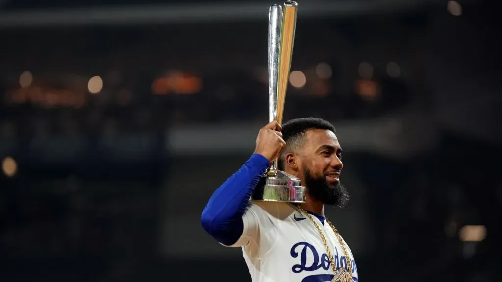 Teoscar Hernandez #37 of the Los Angeles Dodgers poses with the trophy after winning the T-Mobile Home Run Derby at Globe Life Field on July 15, 2024 in Arlington, Texas. Photo by Sam Hodde/Getty Images