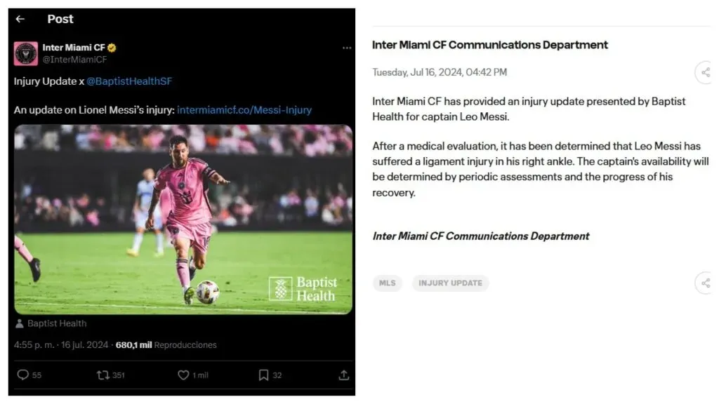 Inter Miami CF published Lionel Messi’s medical report. Social Media “X”