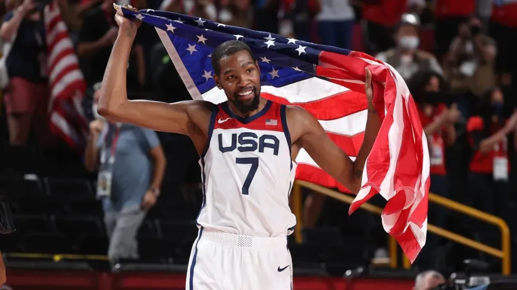 Kevin Durant #7 of Team United States celebrates the United States’ victory over France in the Men’s Basketball Finals game on day fifteen of the Tokyo 2020 Olympic Games at Saitama Super Arena on August 07, 2021 in Saitama, Japan. Photo by Gregory Shamus/Getty Images