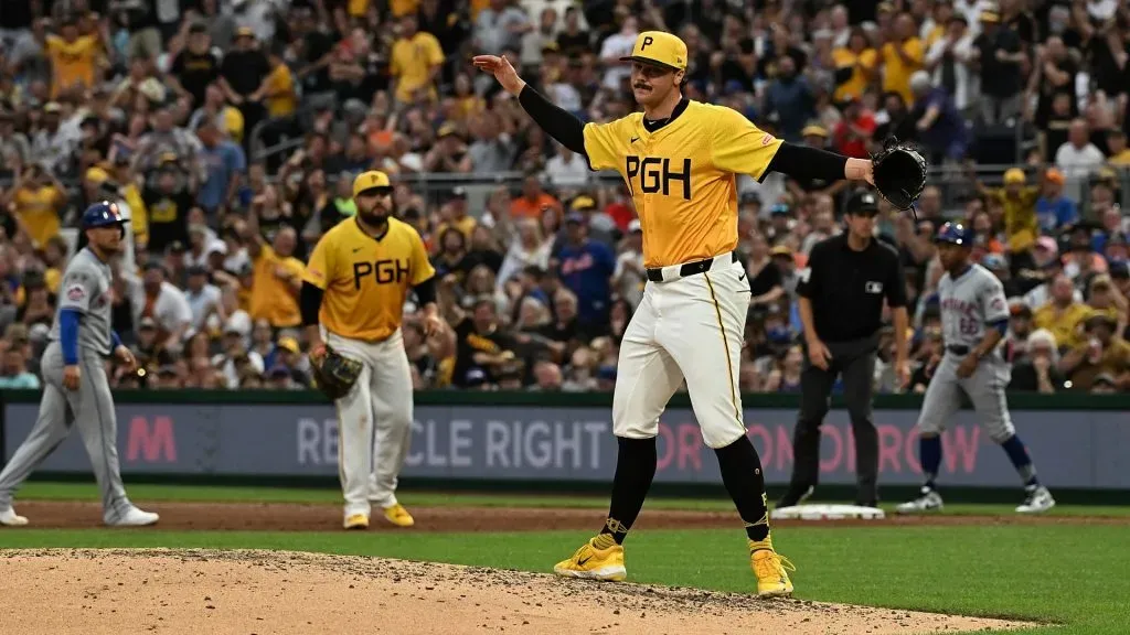 Paul Skenes #30 of the Pittsburgh Pirates reacts after the final out of the seventh inning during the game against the New York Mets at PNC Park on July 5, 2024 in Pittsburgh, Pennsylvania. Photo by Justin Berl/Getty Images