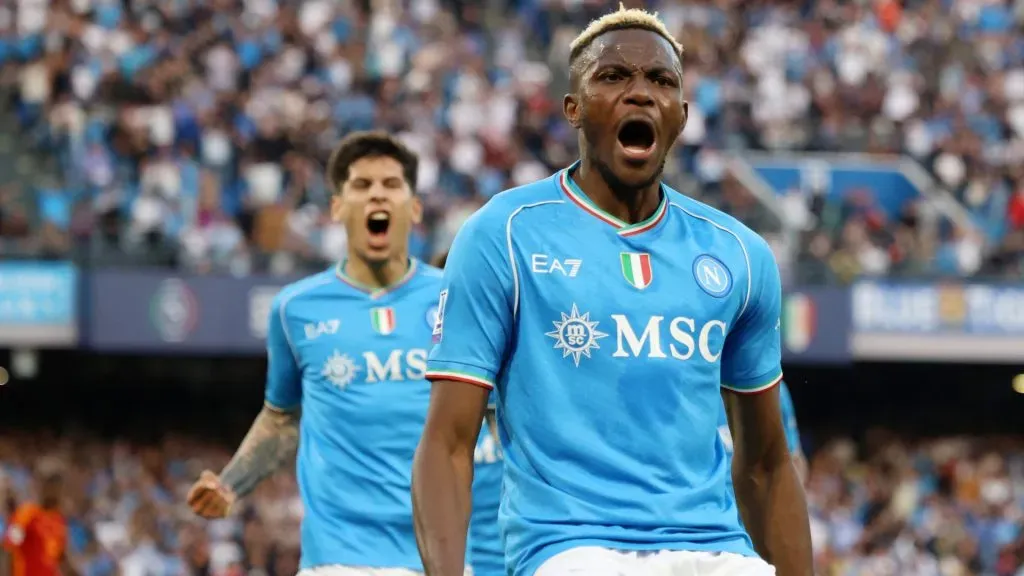 Victor Osimhen of SSC Napoli celebrates after scoring his side second goal during the Serie A TIM match between SSC Napoli and AS Roma. Francesco Pecoraro/Getty Images