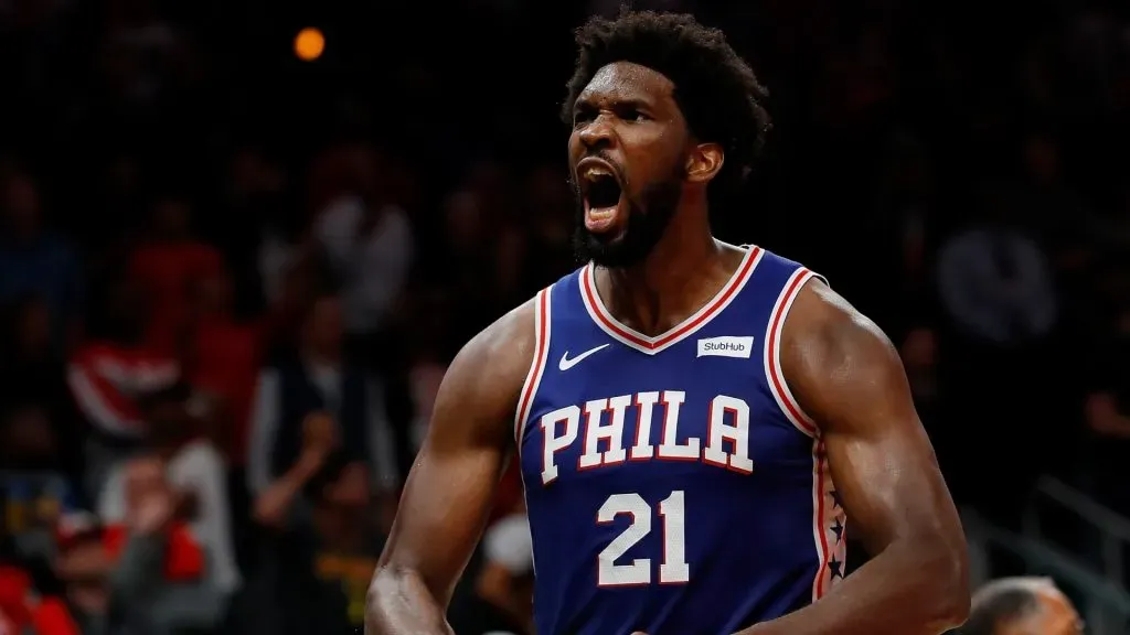 Joel Embiid #21 of the Philadelphia 76ers reacts after their 105-103 win over the Atlanta Hawks at State Farm Arena on October 28, 2019 in Atlanta, Georgia. NOTE TO USER: User expressly acknowledges and agrees that, by downloading and/or using this photograph, user is consenting to the terms and conditions of the Getty Images License Agreement.