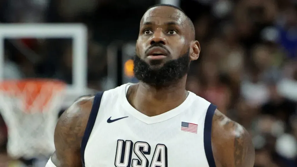 LeBron James #6 of the United States runs on the court in the second half of an exhibition game against Canada ahead of the Paris Olympic Games at T-Mobile Arena on July 10, 2024 in Las Vegas, Nevada. The United States defeated Canada 86-72. (Photo by Ethan Miller/Getty Images)