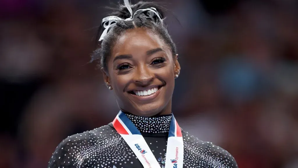 Simone Biles celebrates after placing first in the floor exercise competition on day four of the 2023 U.S. Gymnastics Championships at SAP Center on August 27, 2023 in San Jose, California. (Photo by Ezra Shaw/Getty Images)