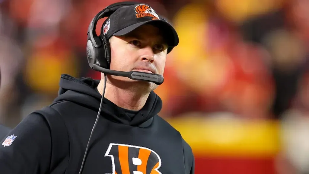 Head coach Zac Taylor of the Cincinnati Bengals looks on during the third quarter against the Kansas City Chiefs in the AFC Championship Game at GEHA Field at Arrowhead Stadium on January 29, 2023 in Kansas City, Missouri.