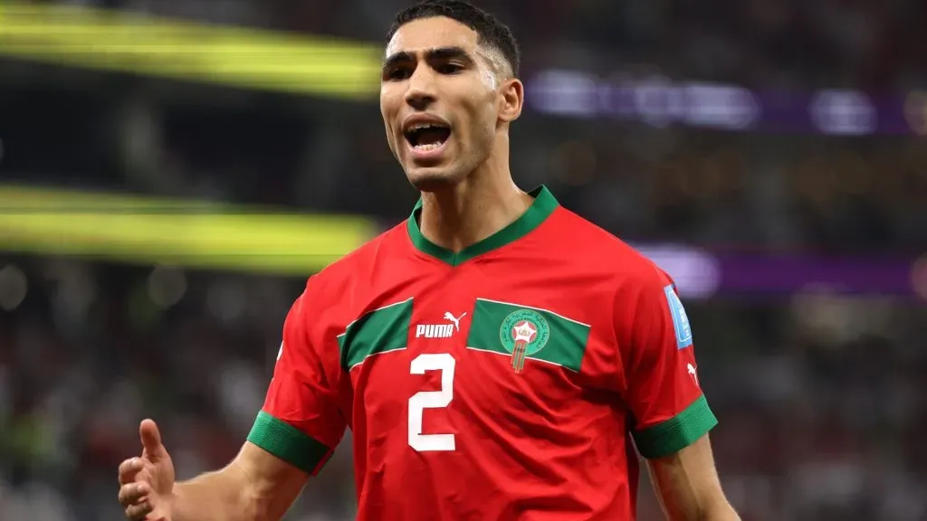 Achraf Hakimi of Morocco reacts during the FIFA World Cup Qatar 2022 quarter final match between Morocco and Portugal at Al Thumama Stadium on December 10, 2022 in Doha, Qatar.