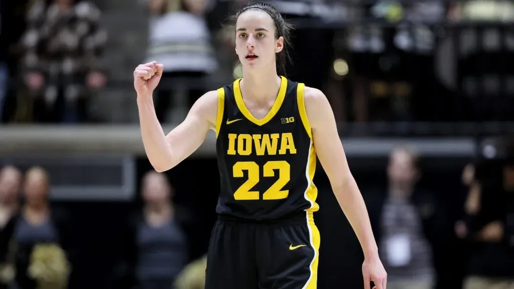Caitlin Clark #22 of the Iowa Hawkeyes celebrates in the first half against the Purdue Boilermakers at Mackey Arena on January 10, 2024 in West Lafayette, Indiana.