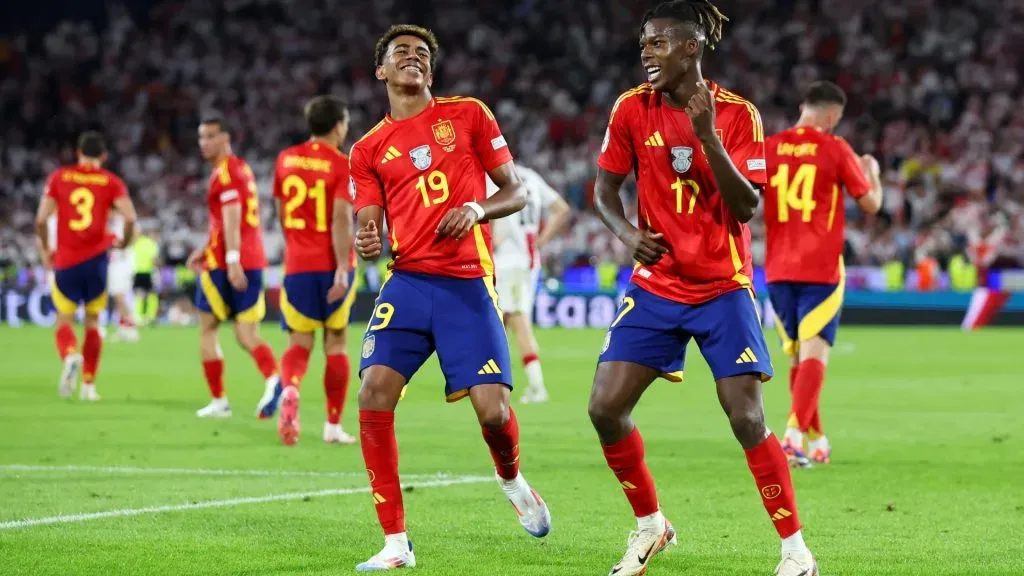 Nico Williams of Spain celebrates scoring his team’s third goal with teammate Lamine Yamal during the UEFA EURO 2024 round of 16 match between Spain and Georgia at Cologne Stadium on June 30, 2024 in Cologne, Germany. Photo by Alex Grimm/Getty Images