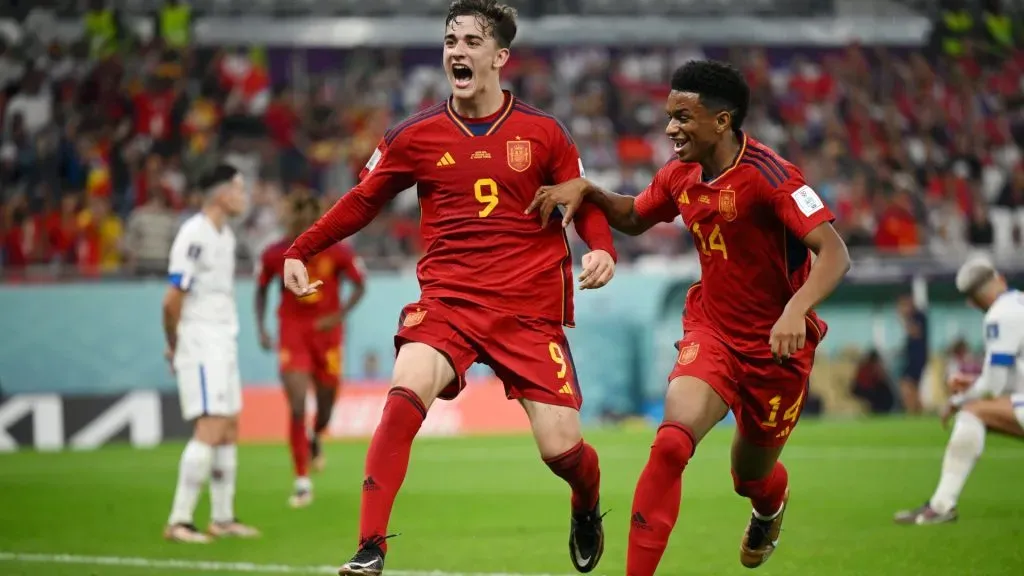Gavi (L) of Spain celebrates with Alejandro Balde after scoring their team’s fifth goal during the FIFA World Cup Qatar 2022 Group E match between Spain and Costa Rica at Al Thumama Stadium on November 23, 2022 in Doha, Qatar. Photo by Clive Mason/Getty Images