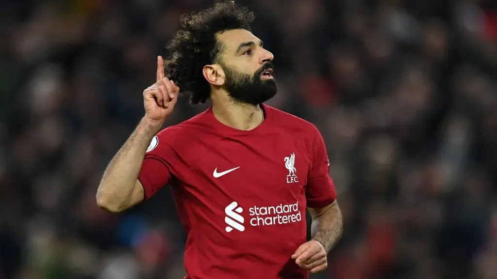 Mohamed Salah of Liverpool celebrates after scoring the team’s fourth goal during the Premier League match between Liverpool FC and Manchester United at Anfield on March 05, 2023 in Liverpool, England.