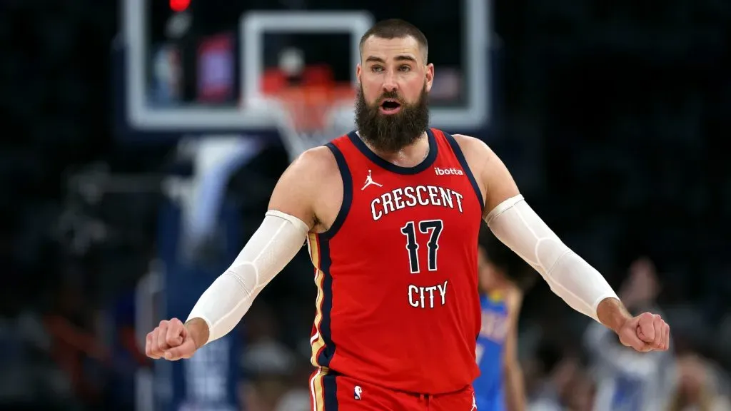 Jonas Valanciunas #17 of the New Orleans Pelicans reacts after a foul during game two of the first round of the NBA playoffs against the Oklahoma City Thunder at Paycom Center on April 24, 2024 in Oklahoma City, Oklahoma.