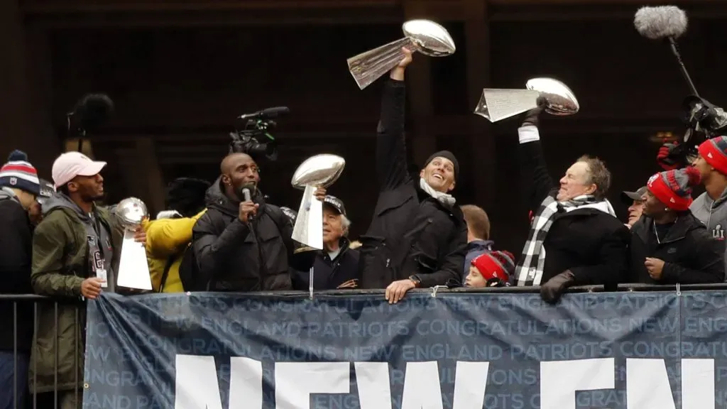 New England Patriots cornerback Logan Ryan (26), New England Patriots defensive back Devin McCourty (32) , New England Patriots quarterback Tom Brady (12) and New England Patriots head coach Bill Belichick at Government Center during the Patriots Victory Parade through the streets of Boston on February 7, 2017, in Boston, Massachsetts to celebrate winning Super Bowl LI.