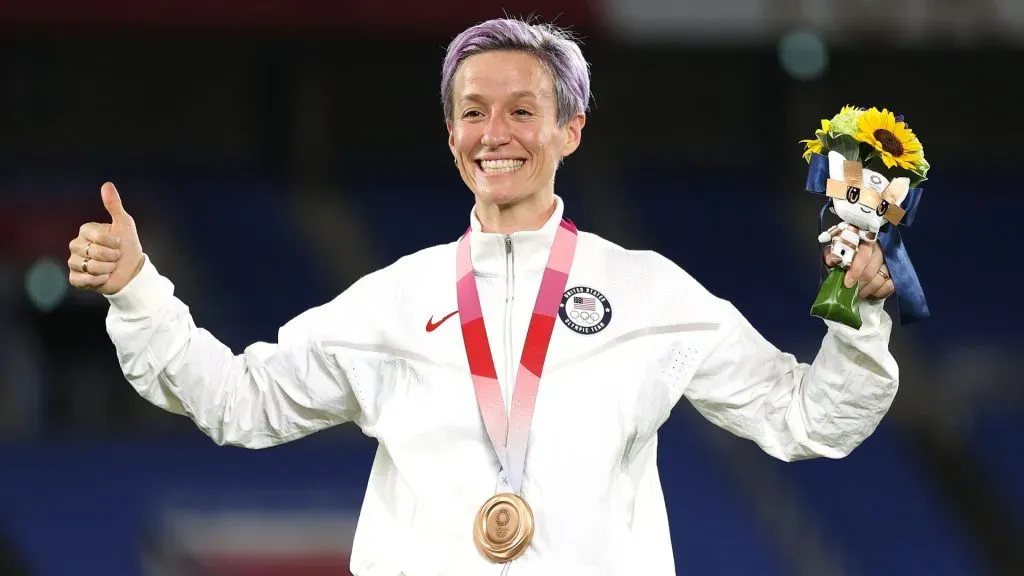 Bronze medalist Megan Rapinoe of Team United States poses with their bronze medal during the Women’s Football Competition Medal Ceremony on day fourteen of the Tokyo 2020 Olympic Games at International Stadium Yokohama on August 06, 2021 in Yokohama, Kanagawa, Japan.