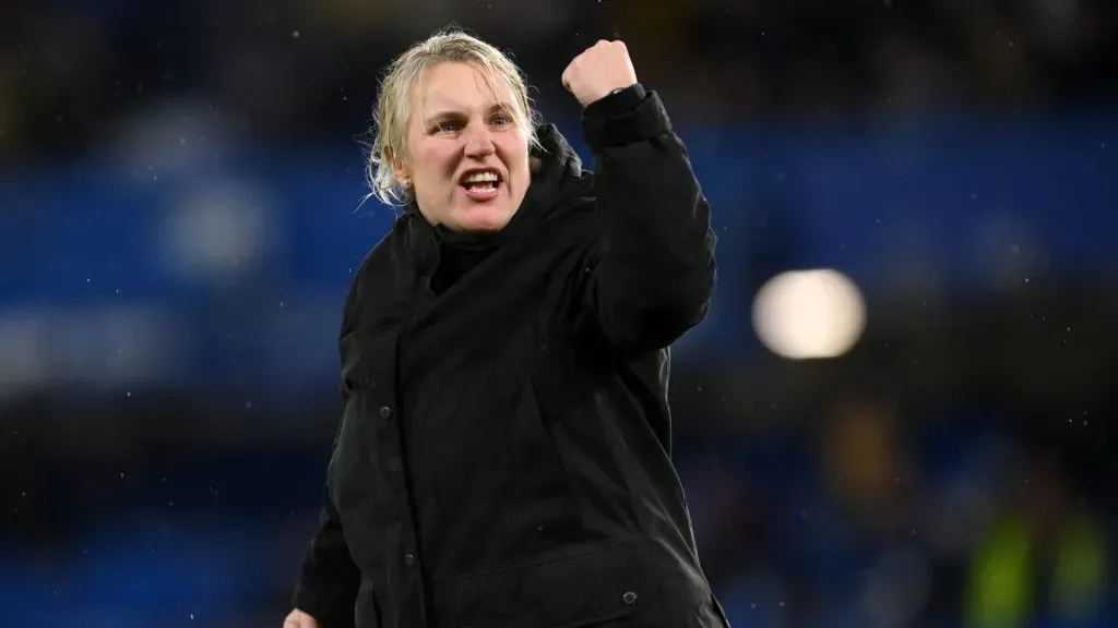 Emma Hayes, Manager of Chelsea, celebrates victory following the UEFA Women’s Champions League quarter-final 2nd leg match between Chelsea FC and Olympique Lyonnais at Stamford Bridge on March 30, 2023 in London, England.