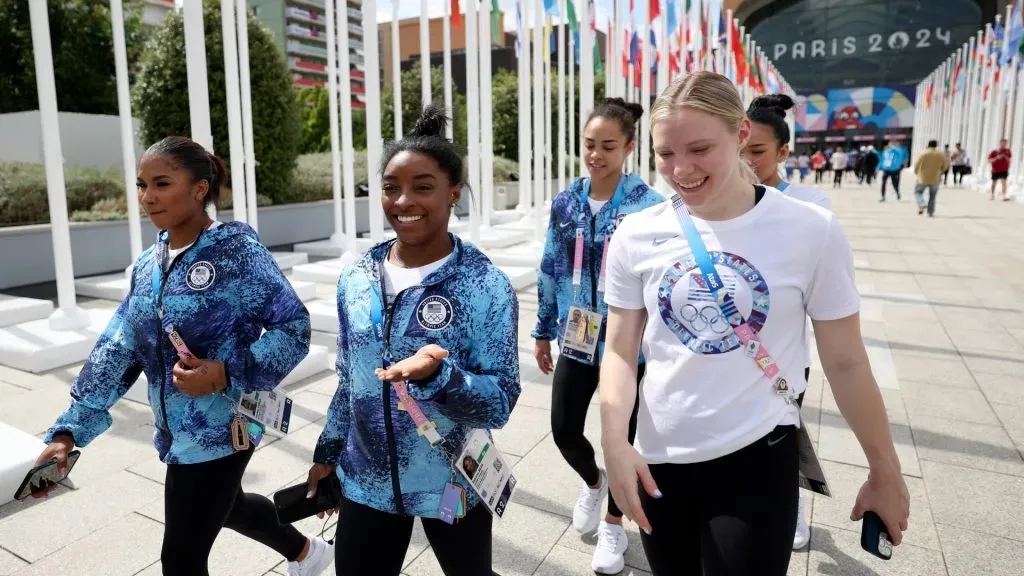 Jordan Chiles, Simone Biles, Jade Carey, Sunisa Lee and Hezly Rivera of Team United States are seen at the Athletes’ Village ahead of the Paris Olympic Games on July 23, 2024 in Paris, France. (Photo by Maja Hitij/Getty Images)