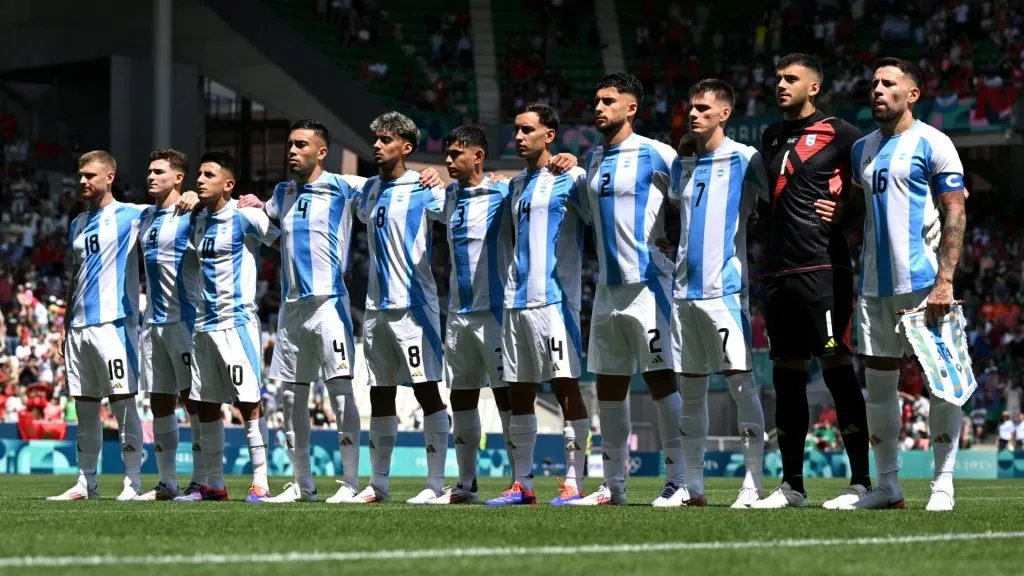 Players of Team Argentina line up prior to the Men’s group B match between Argentina and Morocco during the Olympic Games Paris 2024 at Stade Geoffroy-Guichard on July 24, 2024 in Saint-Etienne, France. (Photo by Tullio M. Puglia/Getty Images)