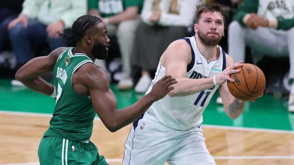 Luka Doncic #77 of the Dallas Mavericks drives past Jaylen Brown #7 of the Boston Celtics during the third quarter of Game Five of the 2024 NBA Finals at TD Garden on June 17, 2024 in Boston, Massachusetts. (Photo by Adam Glanzman/Getty Images)