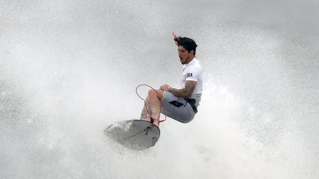 Gabriel Medina of Team Brazil completes an air reverse 540 for a score of 9.0, the highest of the event to date, during his men’s Quarter Final on day four of the Tokyo 2020 Olympic Games at Tsurigasaki Surfing Beach on July 27, 2021 in Ichinomiya, Chiba, Japan.