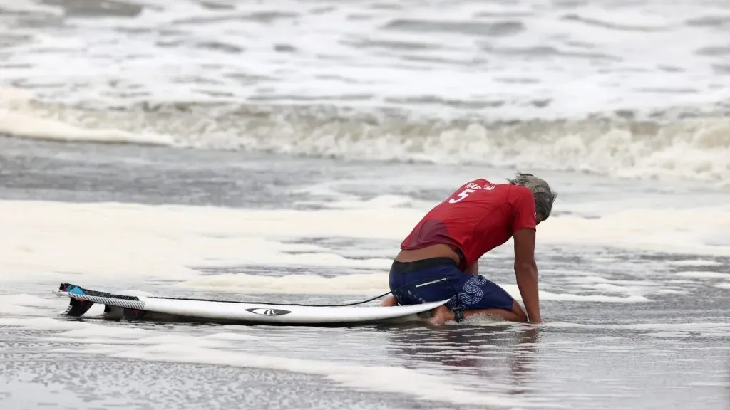 Kanoa Igarashi of Team Japan looks dejected after his loss in the men’s Gold Medal match against Italo Ferreira of Team Brazil on day four of the Tokyo 2020 Olympic Games at Tsurigasaki Surfing Beach on July 27, 2021 in Ichinomiya, Chiba, Japan.