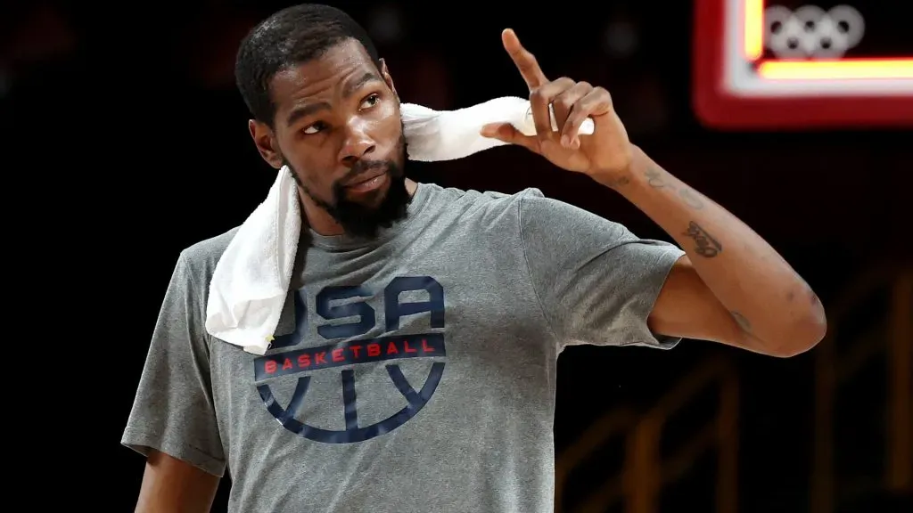 Kevin Durant #7 of Team United States celebrates during the second half of a Men’s Basketball quarterfinals game between Team United States and Team Australia on day thirteen of the Tokyo 2020 Olympic Games at Saitama Super Arena on August 05, 2021 in Saitama, Japan.