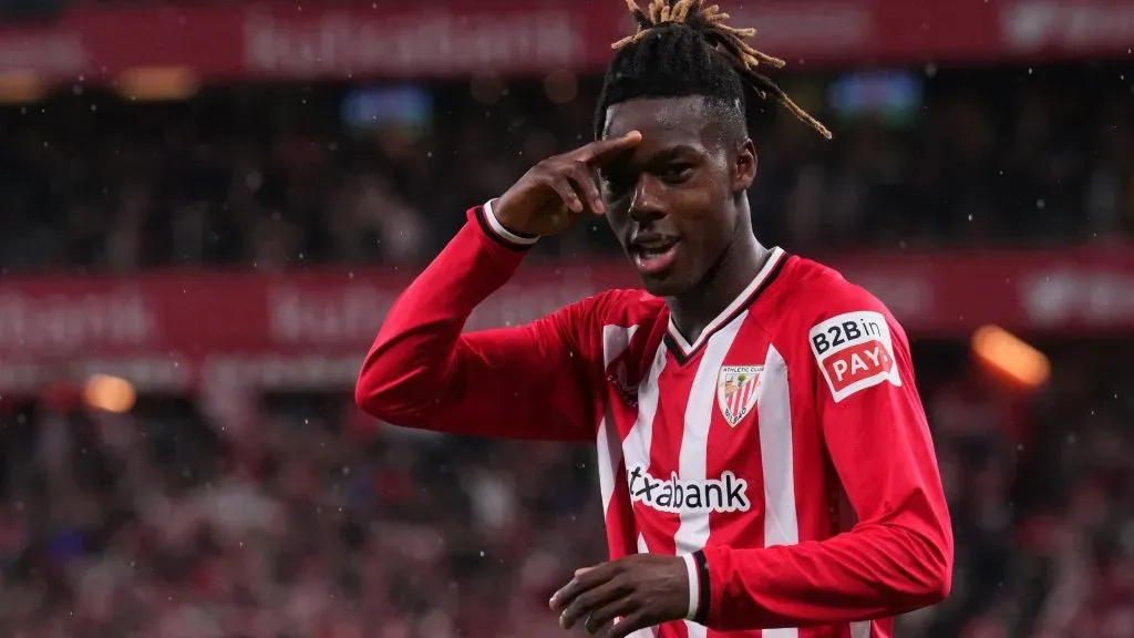 Nico Williams of Athletic Bilbao celebrates scoring the 2nd goal during the Copa del Rey Semifinal match between Athletic Club Bilbao and Atletico de Madrid at San Mames Stadium on February 29, 2024 in Bilbao, Spain.