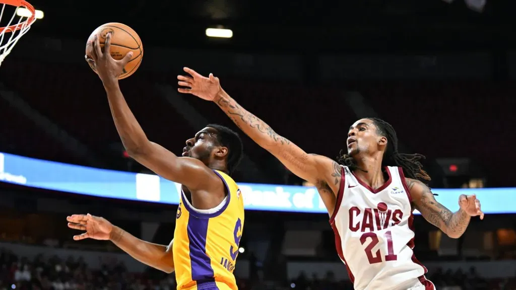 Bronny James Jr. #9 of the Los Angeles Lakers scores on Emoni Bates #21 of the Cleveland Cavaliers in the first half of a 2024 NBA Summer League game. Candice Ward/Getty Images