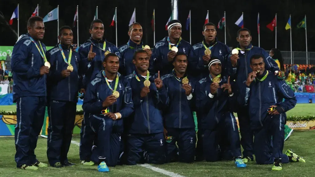 Gold medalists Fiji pose during the medal ceremony for the Men’s Rugby Sevens on Day 6 of the Rio 2016 Olympics. David Rogers/Getty Images