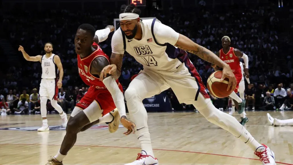 Anthony Davis of The United States takes on Dennis Schroder of Germany during the 2024 USA Basketball Showcase match between USA and Germany. Paul Harding/Getty Images