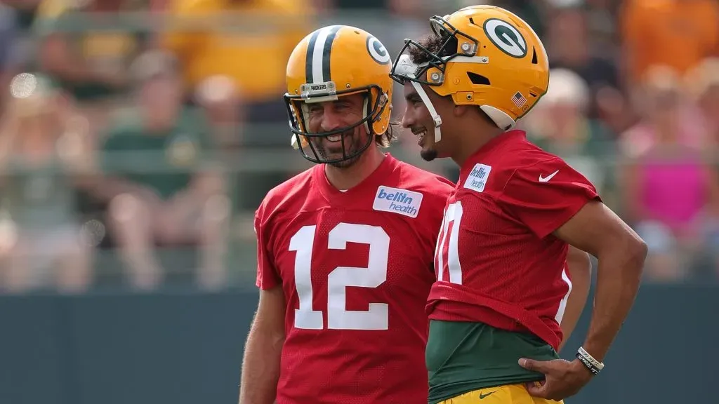 Jordan Love and Aaron Rodgers during training camp with the Packers.