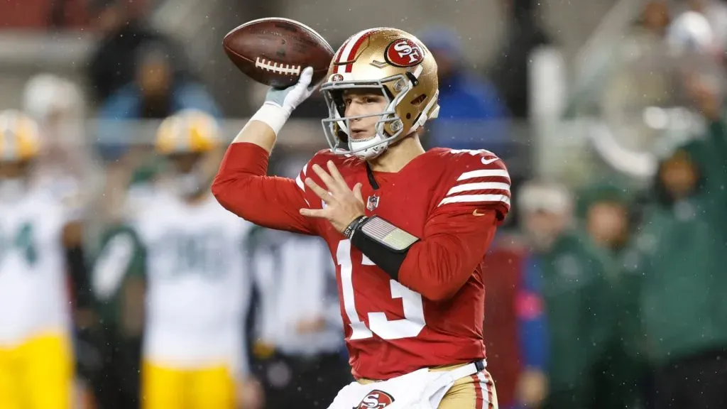 Brock Purdy #13 of the San Francisco 49ers throws a pass during the first half against the Green Bay Packers in the NFC Divisional Playoffs at Levi’s Stadium on January 20, 2024 in Santa Clara, California.