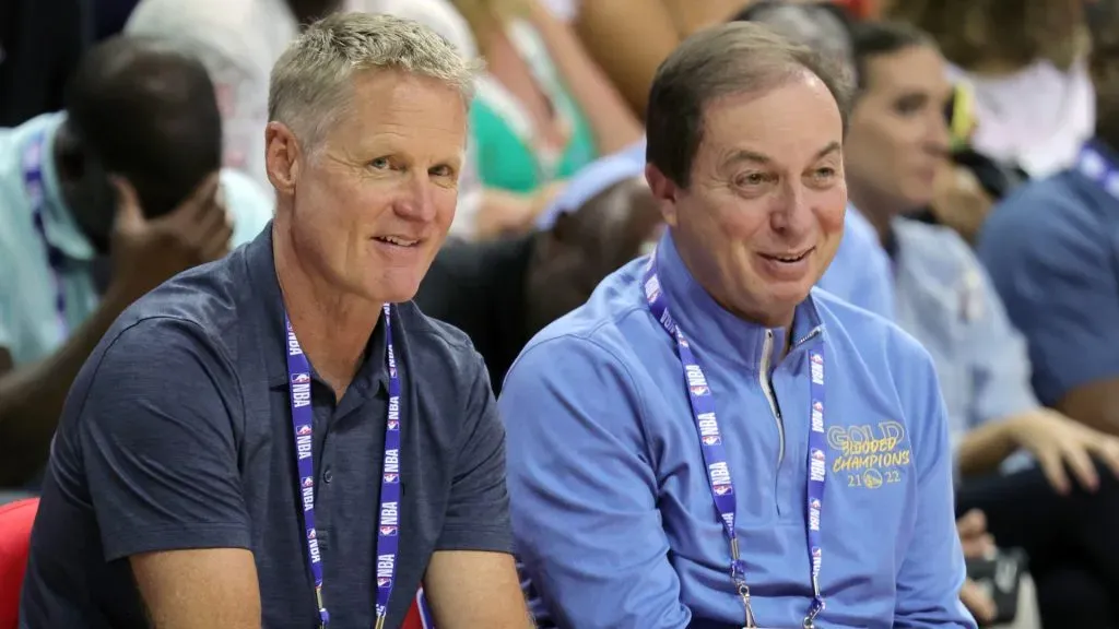 Head coach Steve Kerr (L) and governor Joe Lacob of the Golden State Warriors look on during a game between the Warriors and the San Antonio Spurs during the 2022 NBA Summer League. Ethan Miller/Getty Images