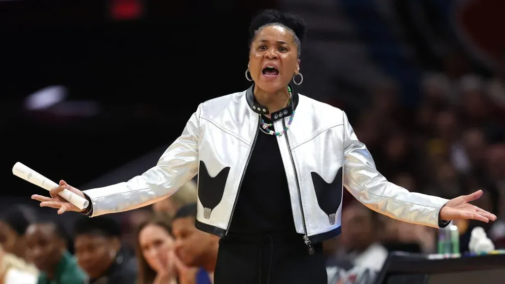 Head coach Dawn Staley of the South Carolina Gamecocks reacts in the first half during the 2024 NCAA Women’s Basketball Tournament National Championship game against the Iowa Hawkeyes at Rocket Mortgage FieldHouse on April 07, 2024 in Cleveland, Ohio.