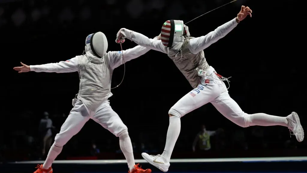 Kirill Borodachev of Team ROC, left, competes against Nick Itkin of Team United States in Men’s Foil Individual third round on day three of the Tokyo 2020 Olympic Games at Makuhari Messe on July 26, 2021 in Chiba, Japan.