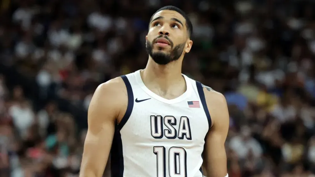 Jayson Tatum #10 of the United States walks on the court during a break in the second half of an exhibition game against Canada ahead of the Paris Olympic Games at T-Mobile Arena on July 10, 2024 in Las Vegas, Nevada. The United States defeated Canada 86-72.