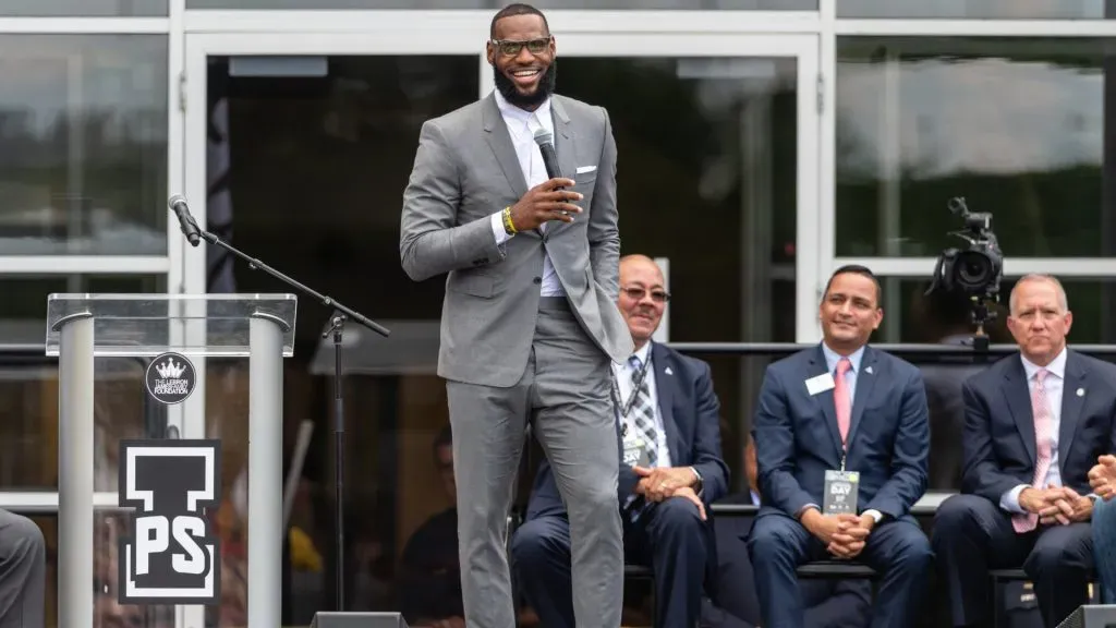 LeBron James addresses the crowd during the opening ceremonies of the I Promise School in Akron. Jason Miller/Getty Images