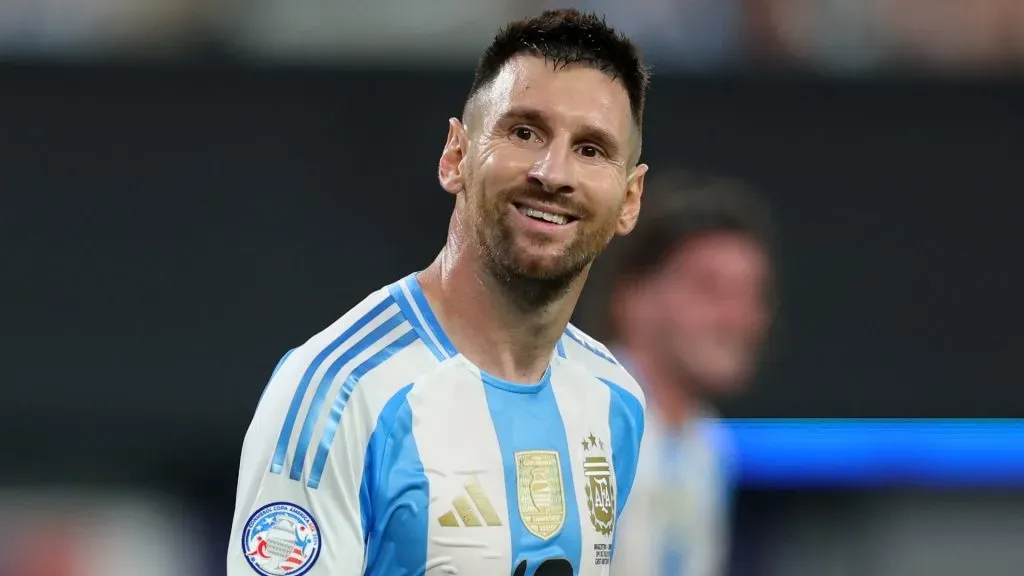 Lionel Messi of Argentina smiles during the CONMEBOL Copa America 2024 semifinal match between Canada and Argentina at MetLife Stadium on July 09, 2024 in East Rutherford, New Jersey.