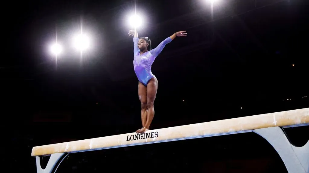 Simone Biles of The United States competes in Women’s Balance beam Final during day 10 of the 49th FIG Artistic Gymnastics World Championships at Hanns-Martin-Schleyer-Halle on October 13, 2019 in Stuttgart, Germany.